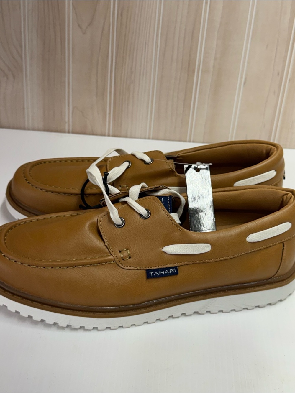 Tahari Men’s Brown Leather Boat Shoes with White Accents